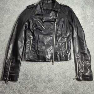 AFTF BASIC Women's Black Faux Leather Moto Jacket Sz M Fits Small Silver Zip